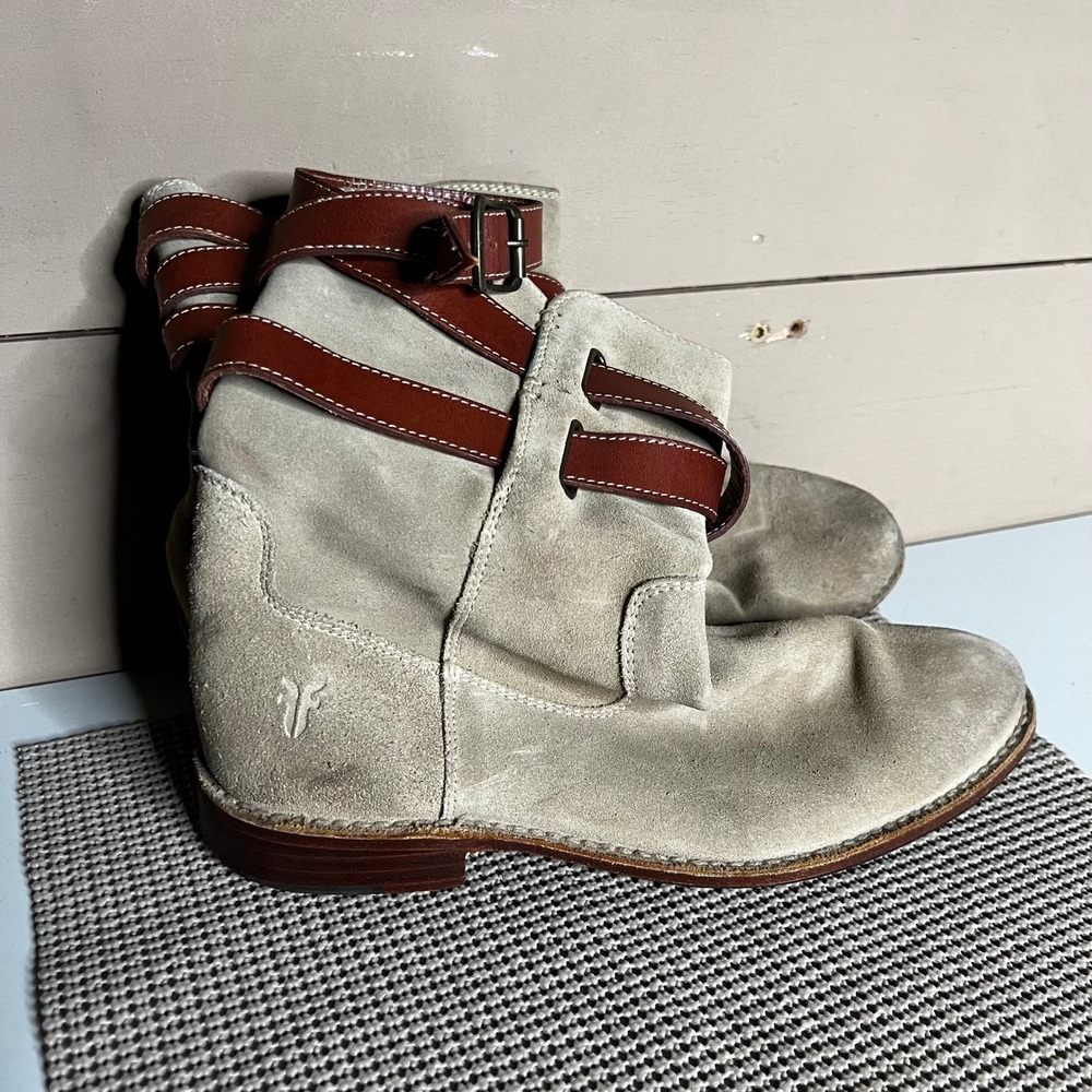 Frye Womens 8B Suede Engineer Boots Sand Tan Leather Straps 77777 4003 G